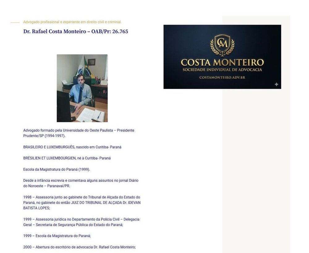 Nosso Escritório no computador: a foto e a OAB aparecem pequenas, depois de toda a história, com a coluna da direita vazia.