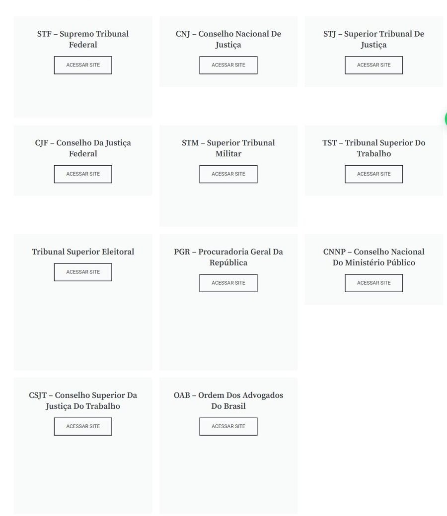 Topo da página Links: cartões de atalhos para sites de tribunais.